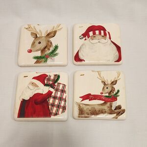 Mud Pie Tartan Resin Coaster‎ Set of 4 2019 Santa Reindeer Adorable!